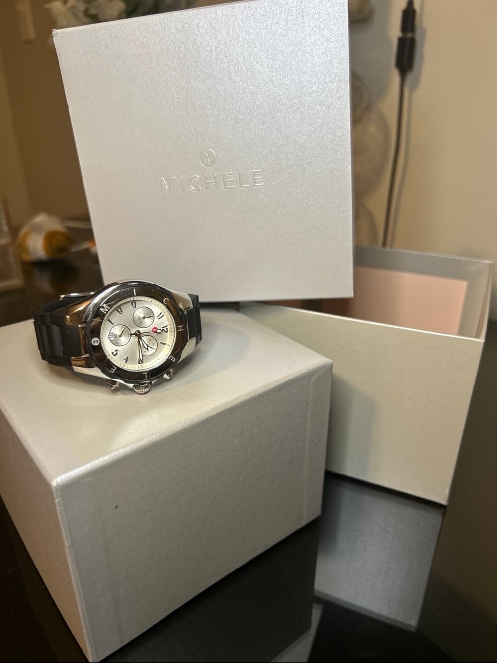 Michele Silver Dial Watch with Black Strap
